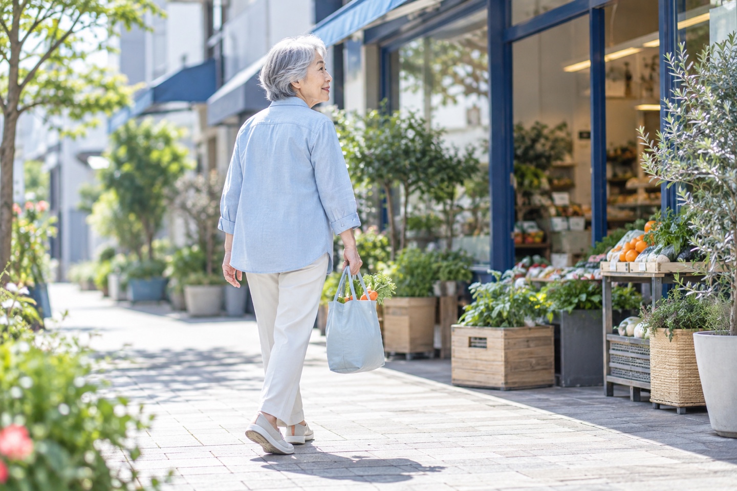 買い物袋を持って商店街を歩く70代の女性