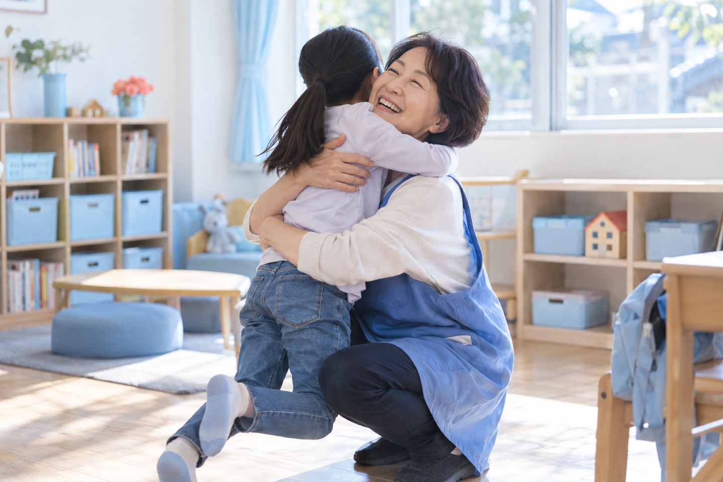 飛びついてきた子どもを受け止める女性