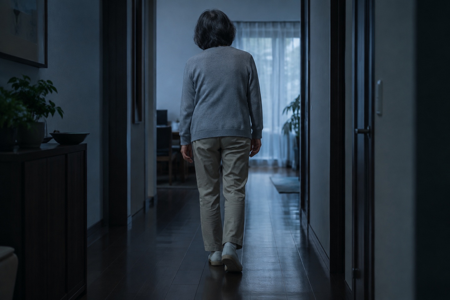 体が少し片側に傾いたまま歩く女性の後ろ姿