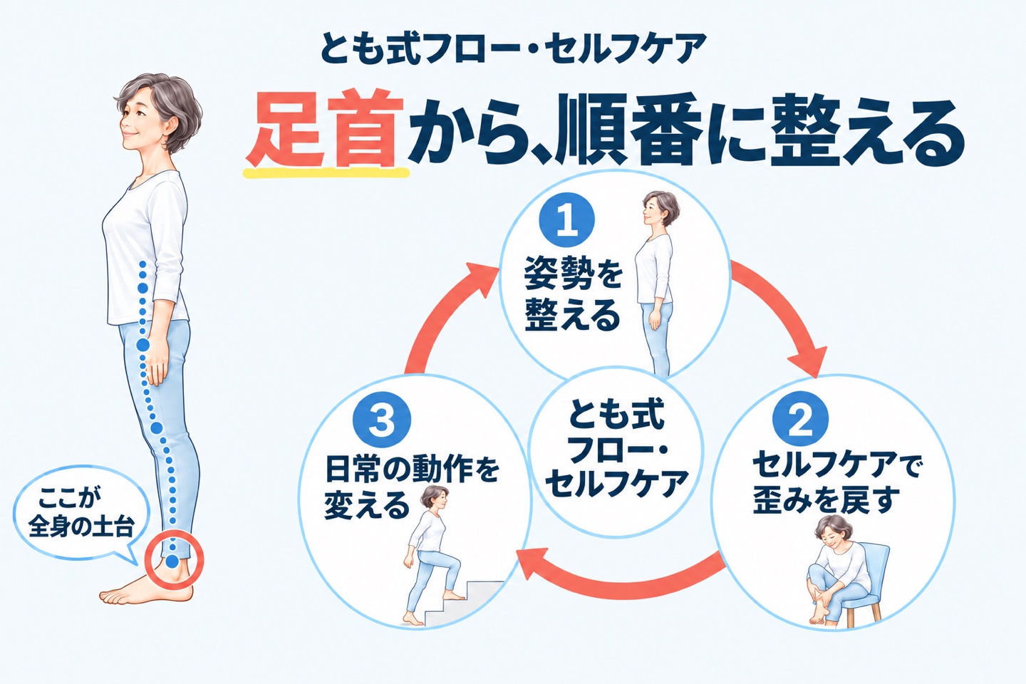とも式フロー・セルフケア。1 姿勢を整える、2 セルフケアで歪みを戻す、3 日常の動作を変える。足首から、順番に